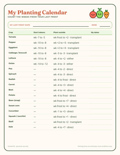My Planting Calendar printable preview